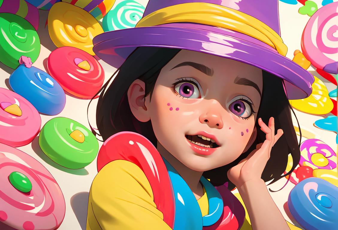 Young child at a colorful candy shop, wearing a party hat, surrounded by various types of candies and excitedly choosing their favorite treats..