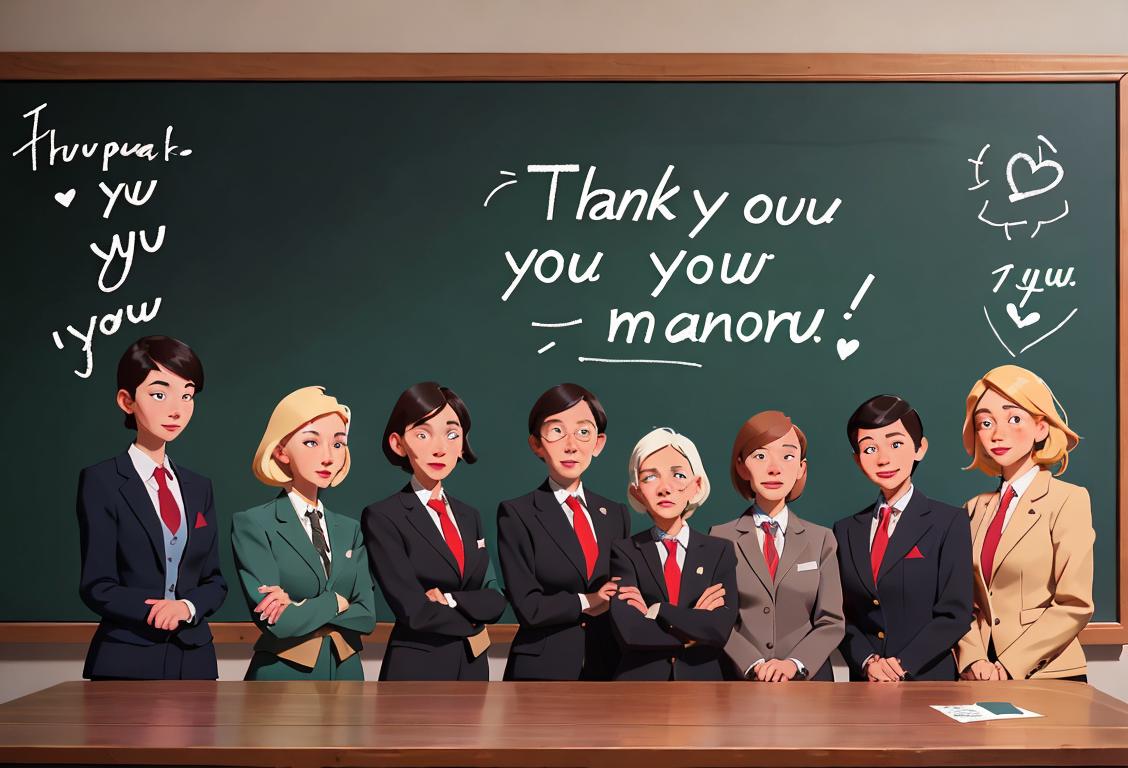 A group of diverse individuals, dressed in professional attire, standing in front of a chalkboard filled with heartfelt thank-you messages..