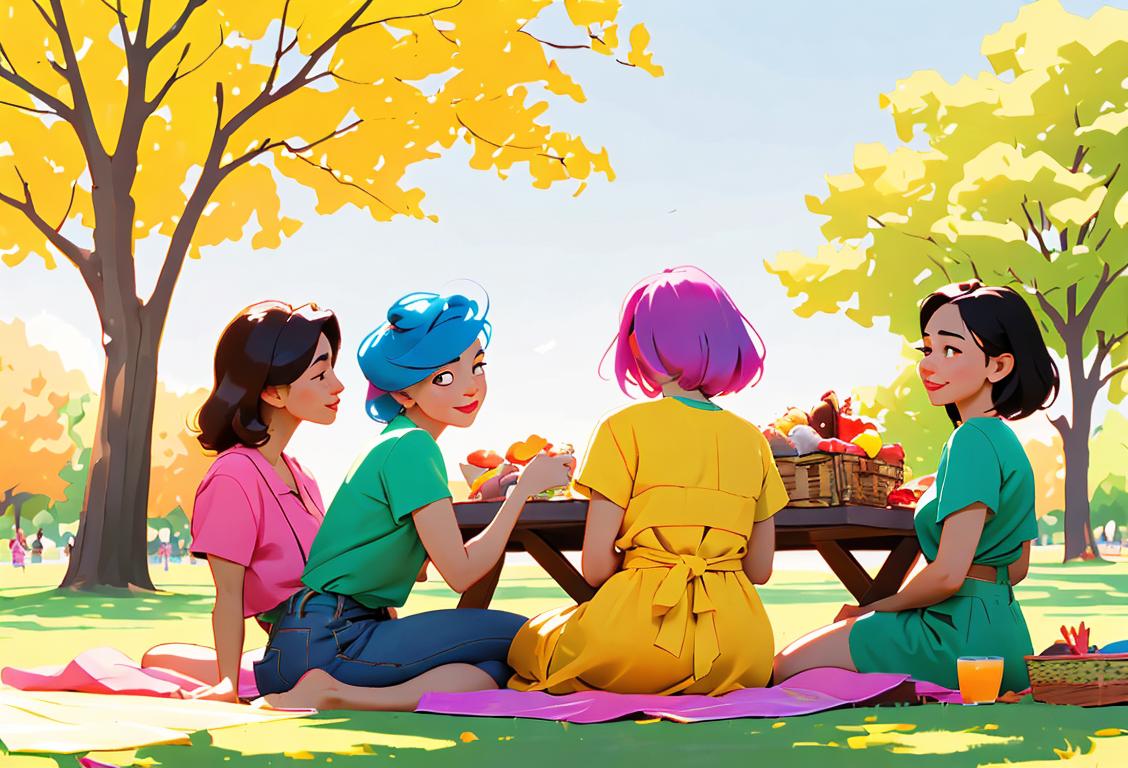 Group of diverse friends huddling together, wearing colorful summer outfits, enjoying a picnic in a sunny park..