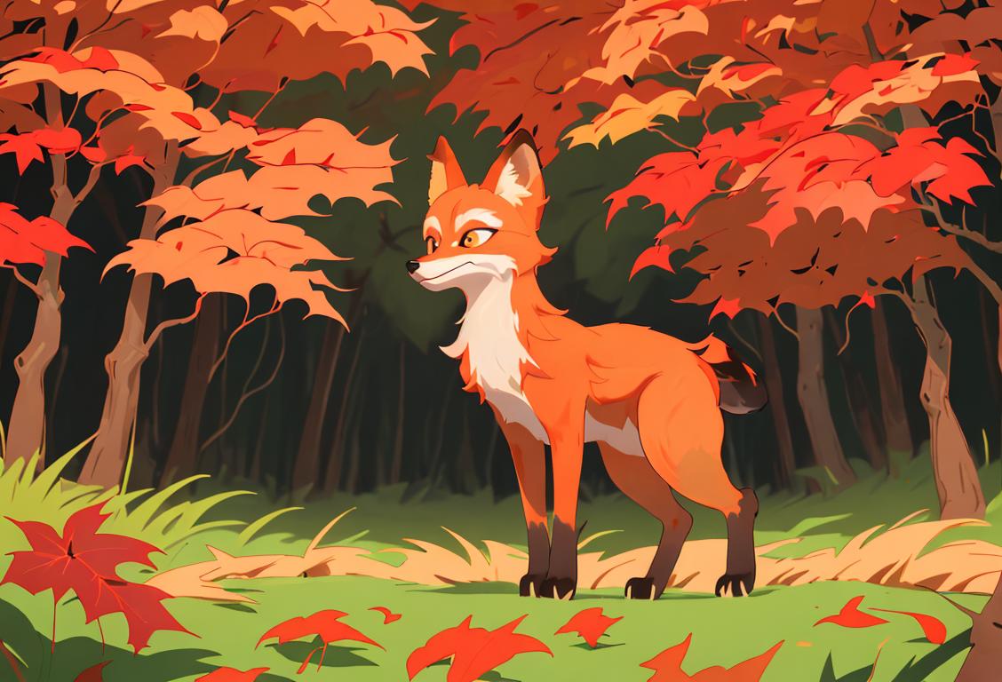 An adorable red fox standing in a lush forest, its fiery fur matching the autumn leaves. The fox is surrounded by beautiful artwork celebrating its cunning and charm. A young woman, dressed in cozy fall fashion, shares a heartwarming moment with the fox, appreciating its importance in the ecosystem. The scene is filled with vibrant colors, capturing the joy and admiration people have for these enchanting creatures on National Fox Day..