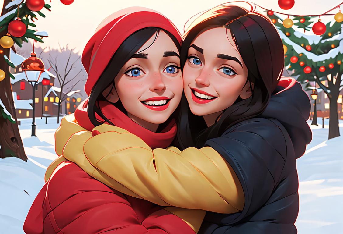 Two young people sharing a warm and friendly embrace, dressed in cozy winter clothing, in a festive and cheerful holiday setting..