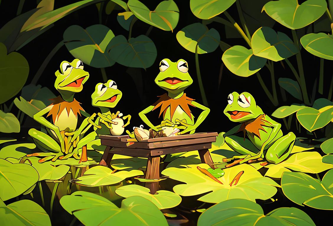 Kermit the Frog playing a banjo, surrounded by friends, in a whimsical swamp setting. Friends wearing colorful attire, picnic scene..