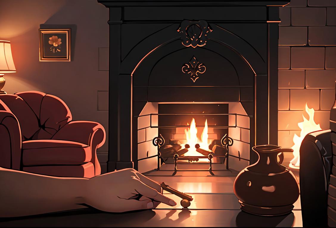 Brightly lit hand striking a match against a textured surface, surrounded by cozy fireplace scene.