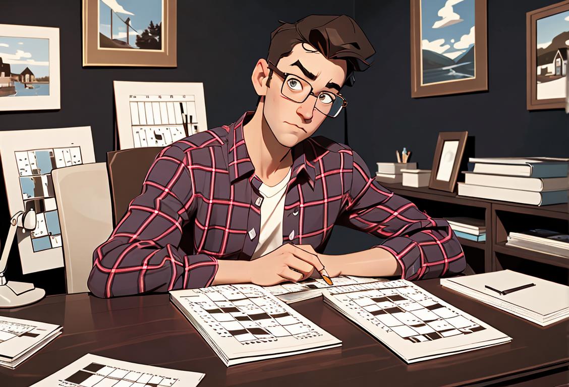Young man sitting at a desk surrounded by stacks of crossword puzzles, wearing glasses, plaid shirt, cozy home office setting.