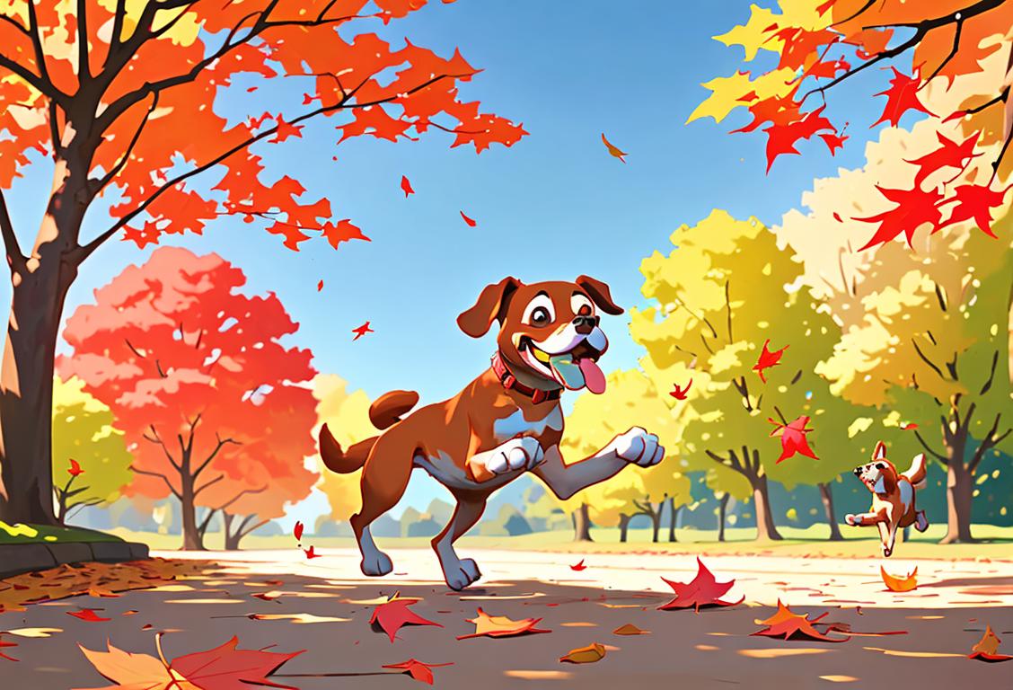 A joyful dog running with a stick in an idyllic park, surrounded by vibrant autumn leaves and a clear blue sky..