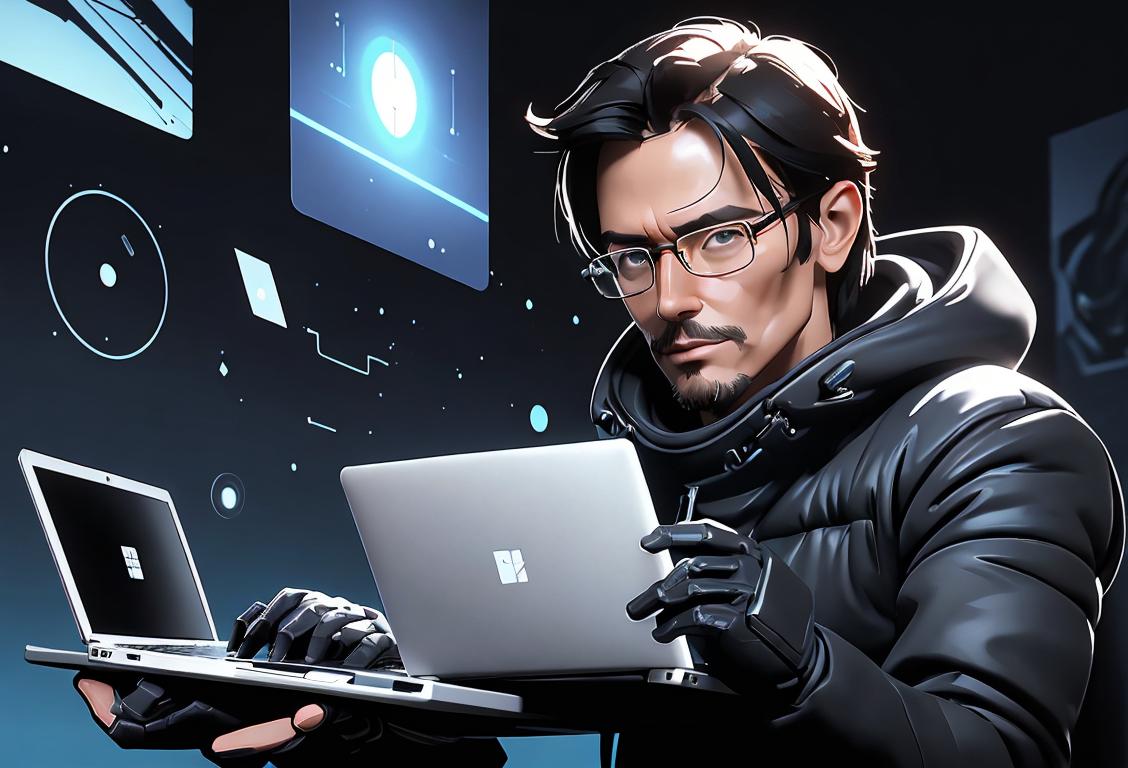 Hideo Kojima photoshopped holding a laptop, wearing a futuristic outfit, cyberspace background, surrounded by floating gadgets..