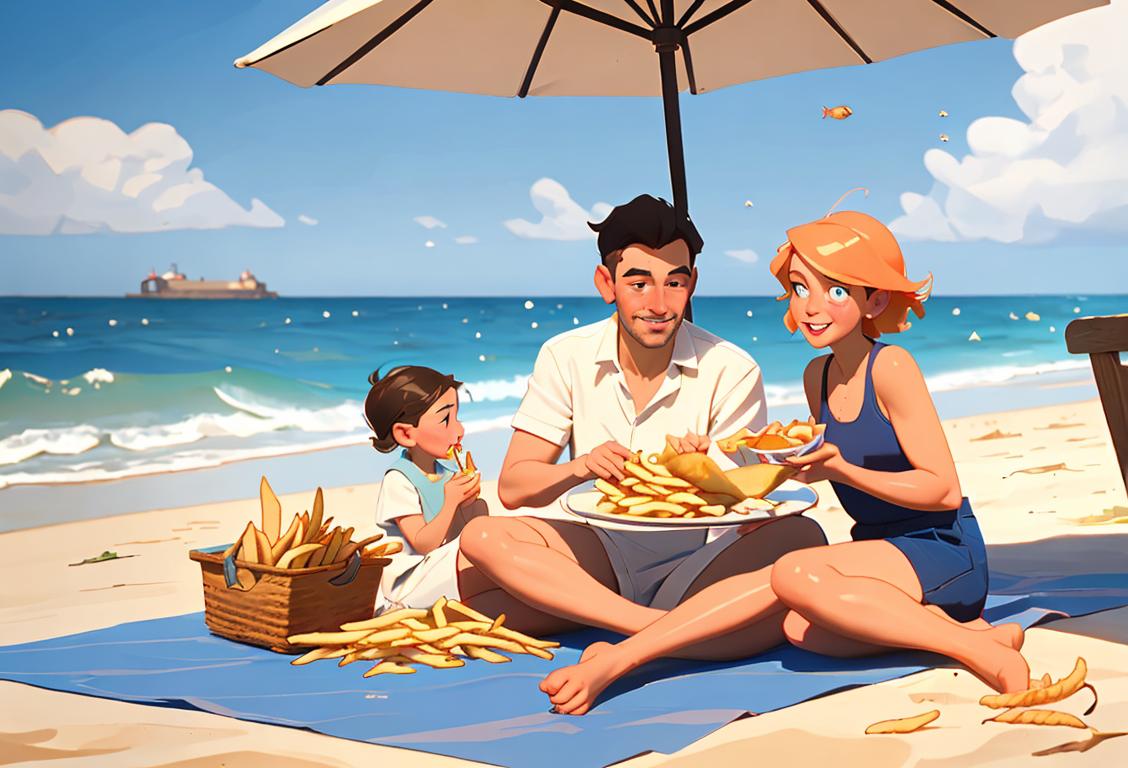 A family enjoying fish and chips at a sunny beach, wearing summer clothes, seaside picnic setting..