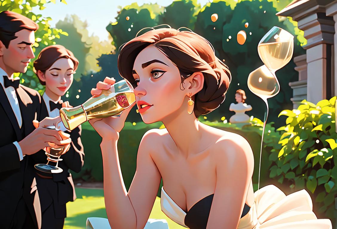 Young woman popping a champagne bottle outdoors, wearing a classy dress, garden party setting, surrounded by friends..