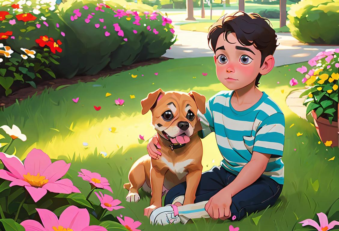 Young boy holding a dog in his arms, wearing a cute striped shirt, park setting with colorful flowers..