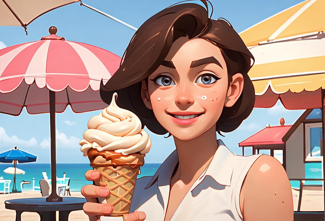 Happy person enjoying salted caramel ice cream, wearing a trendy outfit, at a charming seaside ice cream parlor..