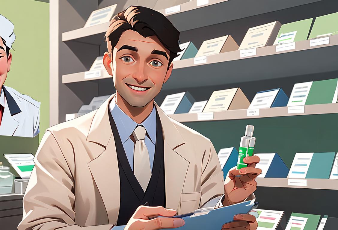 A friendly pharmacist wearing a white lab coat, holding a prescription bottle with smiling customers in a bright and modern pharmacy..