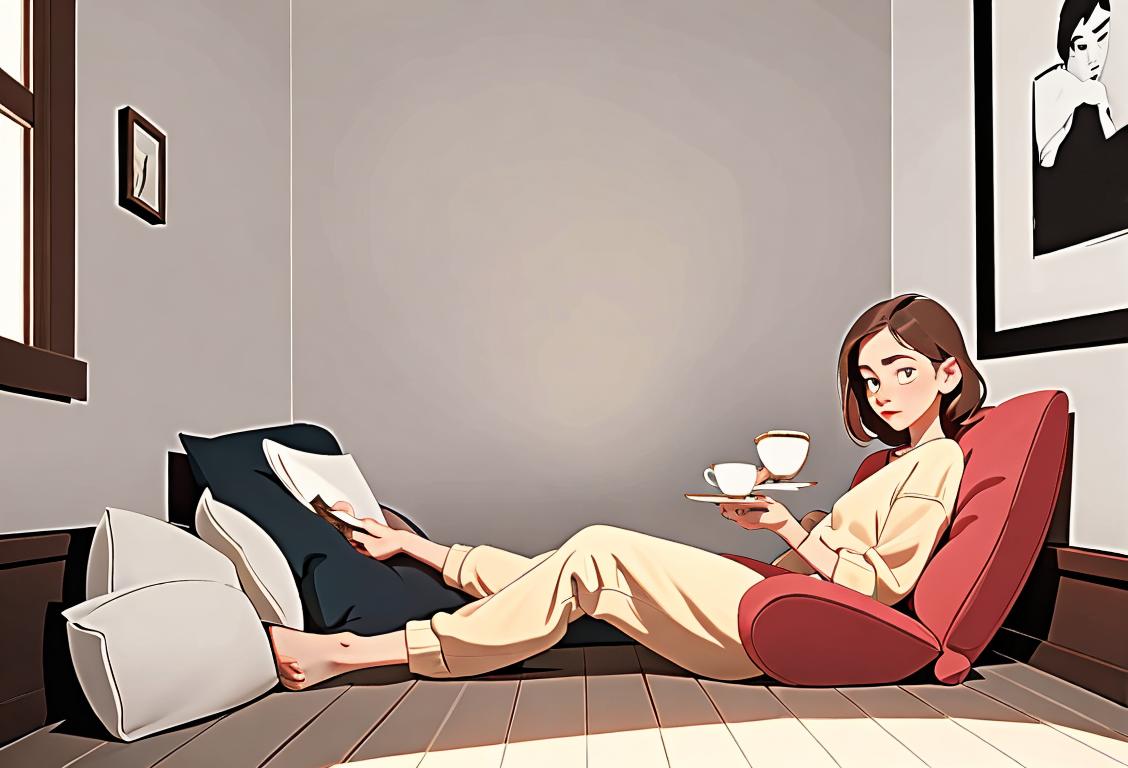 Young adult lounging in a minimalist room, wearing comfy clothes, with a cup of tea and a book nearby..
