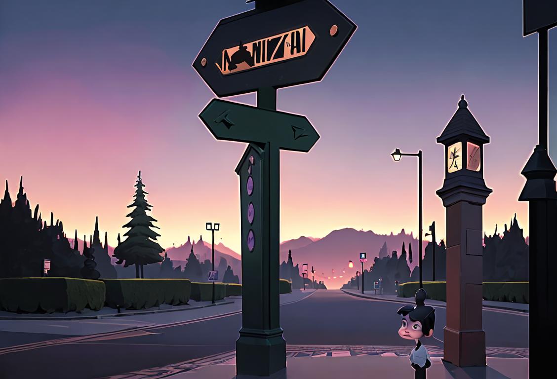 A curious individual standing at a crossroad with a signpost showing two different directions, symbolizing the mysterious and mind-bending nature of National Twilight Zone Day..