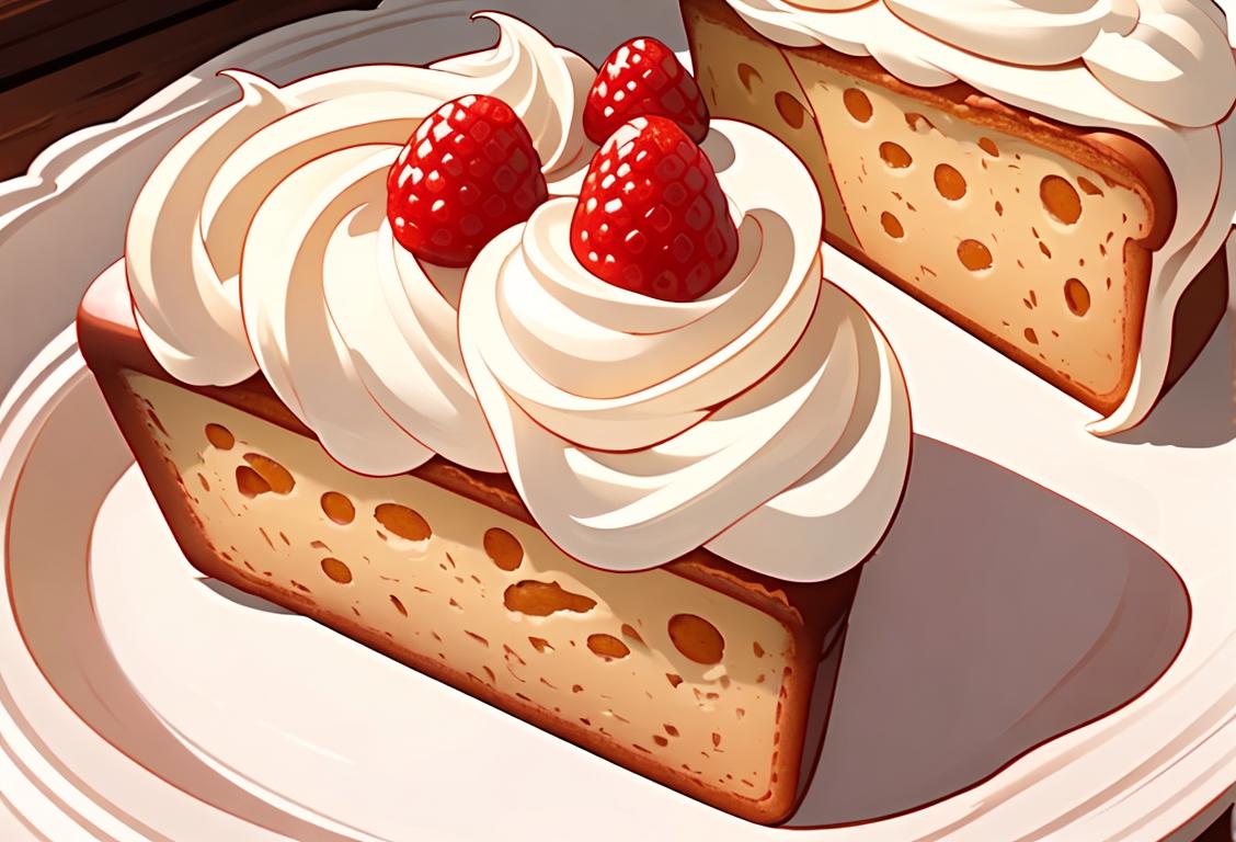 A slice of pound cake topped with a dollop of whipped cream, surrounded by fresh berries. A cozy kitchen filled with vintage baking tools and a warm, inviting ambiance..