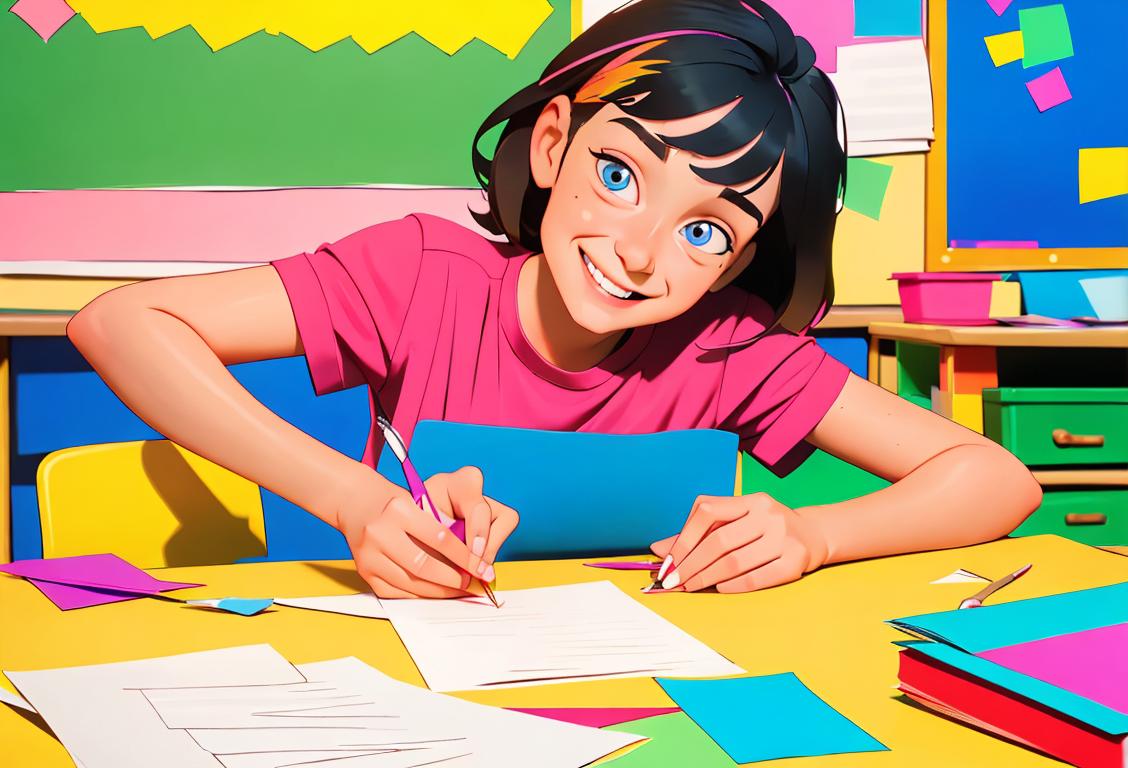 Young left-handed person happily using left-handed scissors to cut a colorful paper, smiling in a bright and joyful classroom setting..