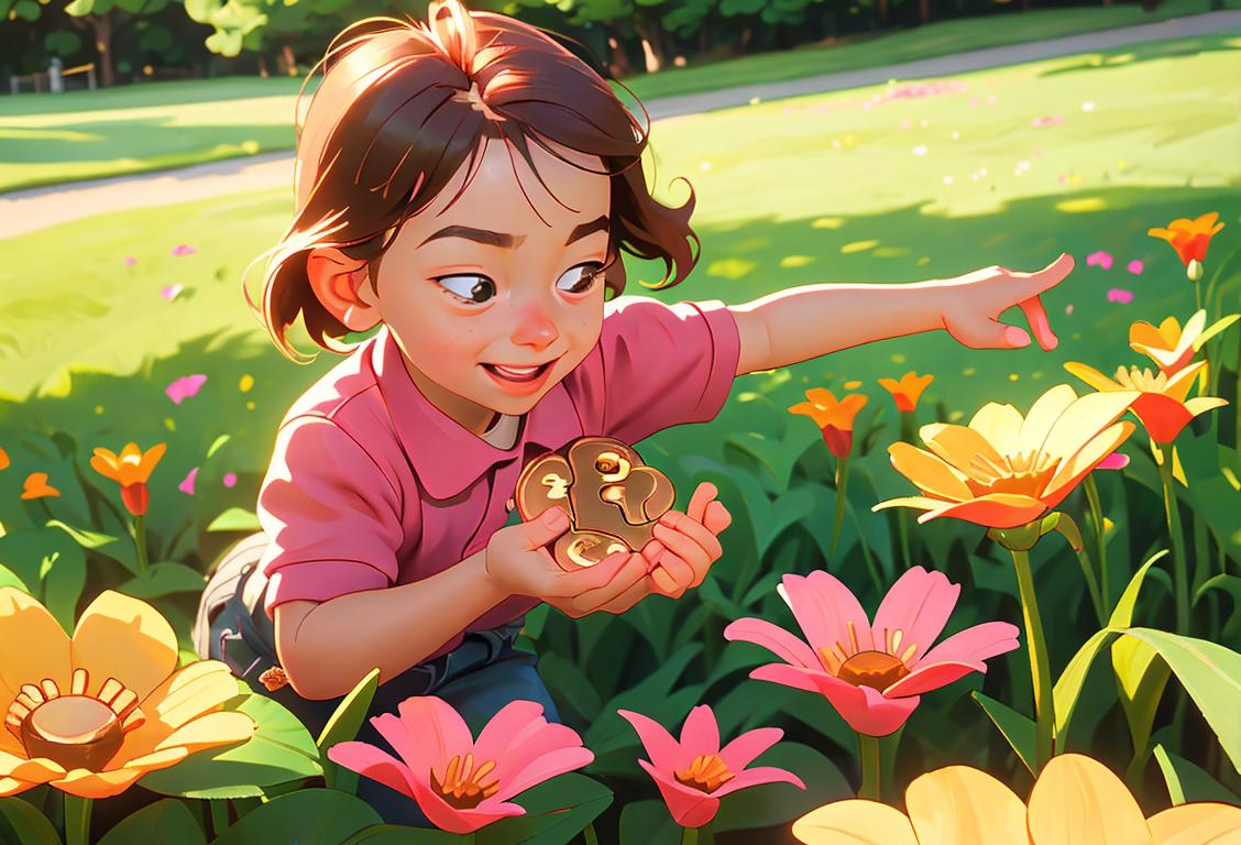 Joyful child picking up a bright, shiny penny on a sunny day, surrounded by lush green grass and blooming flowers..