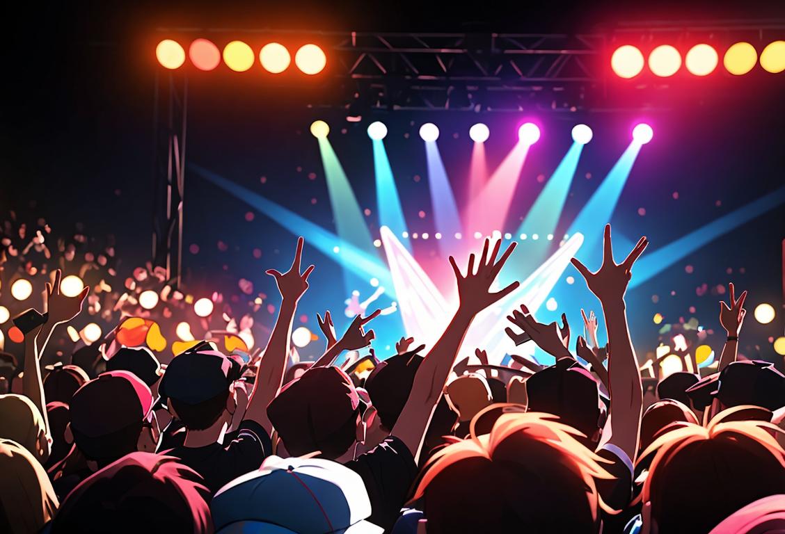 Excited crowd of diverse fans holding tickets, wearing band t-shirts and caps, vibrant concert setting with flashing lights and instruments..