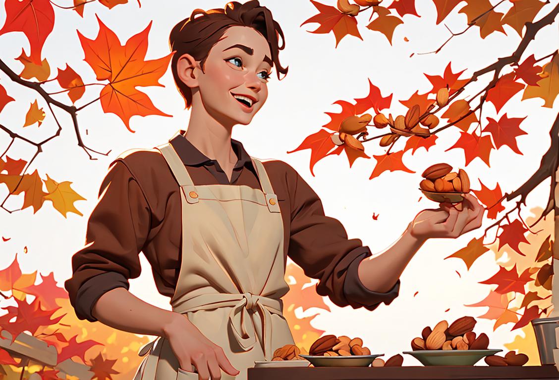 Happy person cracking open a mixed assortment of nuts, wearing an apron, surrounded by autumn leaves..