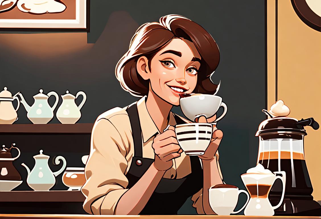 A cheerful coffee enthusiast sipping on a hot cup of joe, surrounded by vintage coffeehouse decor and baristas in trendy attire..