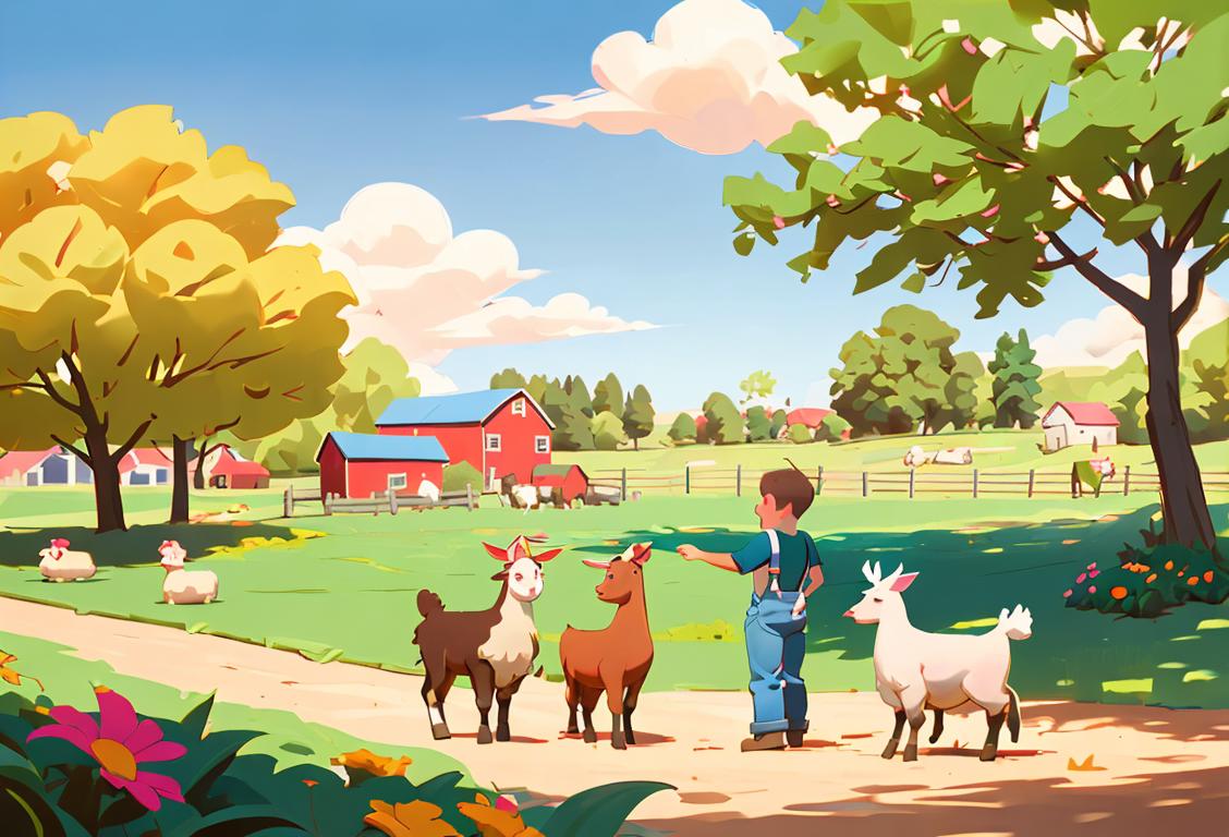 Image of children petting farm animals in a sunny barnyard, wearing colorful overalls, backyard farm setting..
