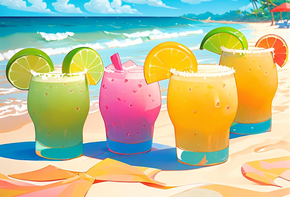 Excited group of diverse friends clinking glasses filled with colorful margaritas, beach vibes, summer fashion and tropical backdrop..