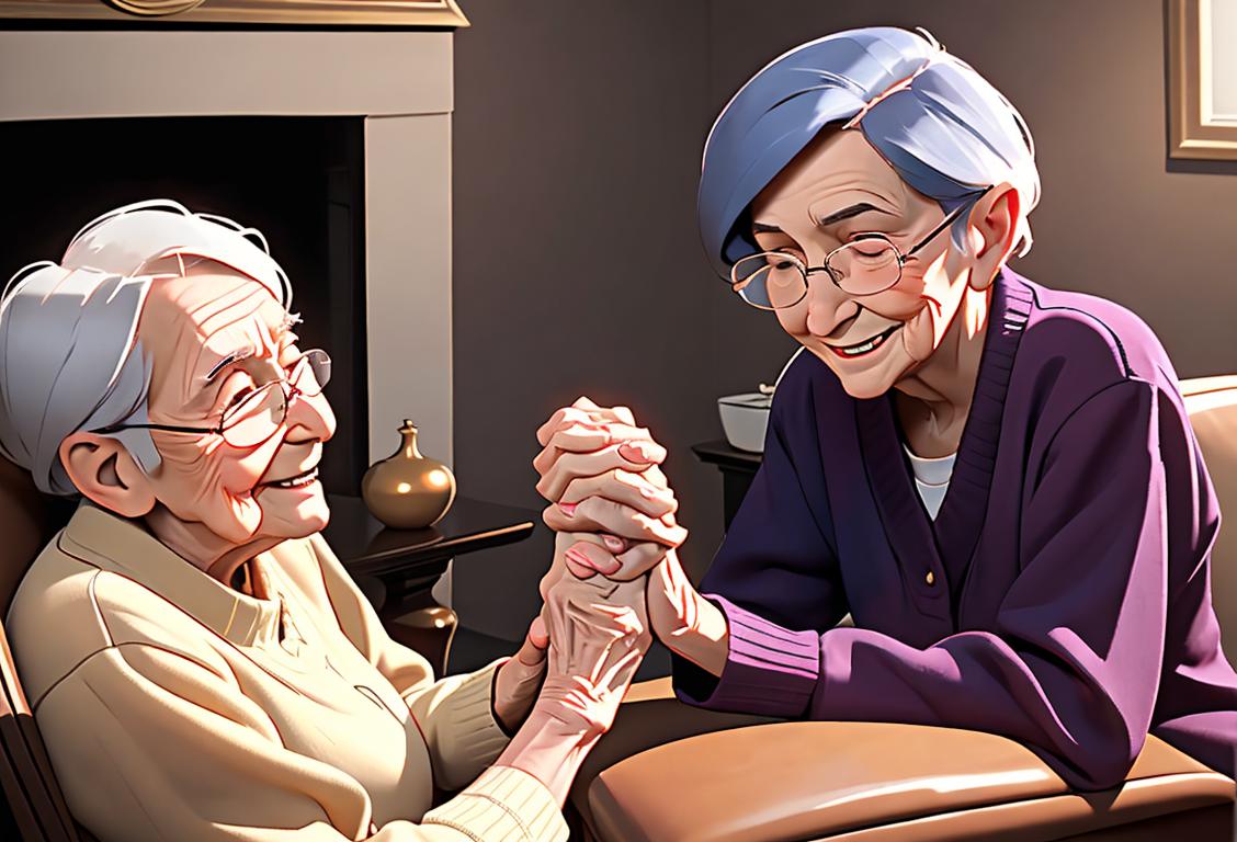 A caring individual in comfortable clothing, holding hands with a smiling elderly person, surrounded by a cozy living room setting..