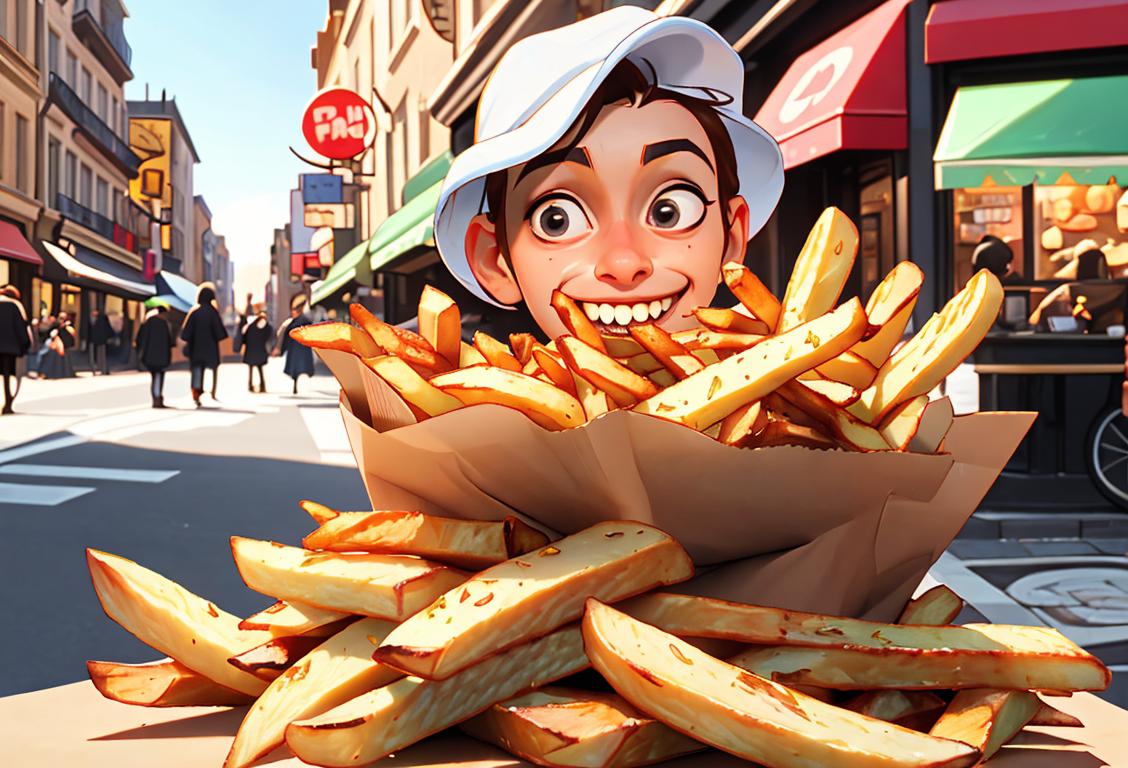 A smiling individual enthusiastically munching on a pile of freshly cooked fries, dressed in trendy streetwear, busy city street scene in the backdrop..