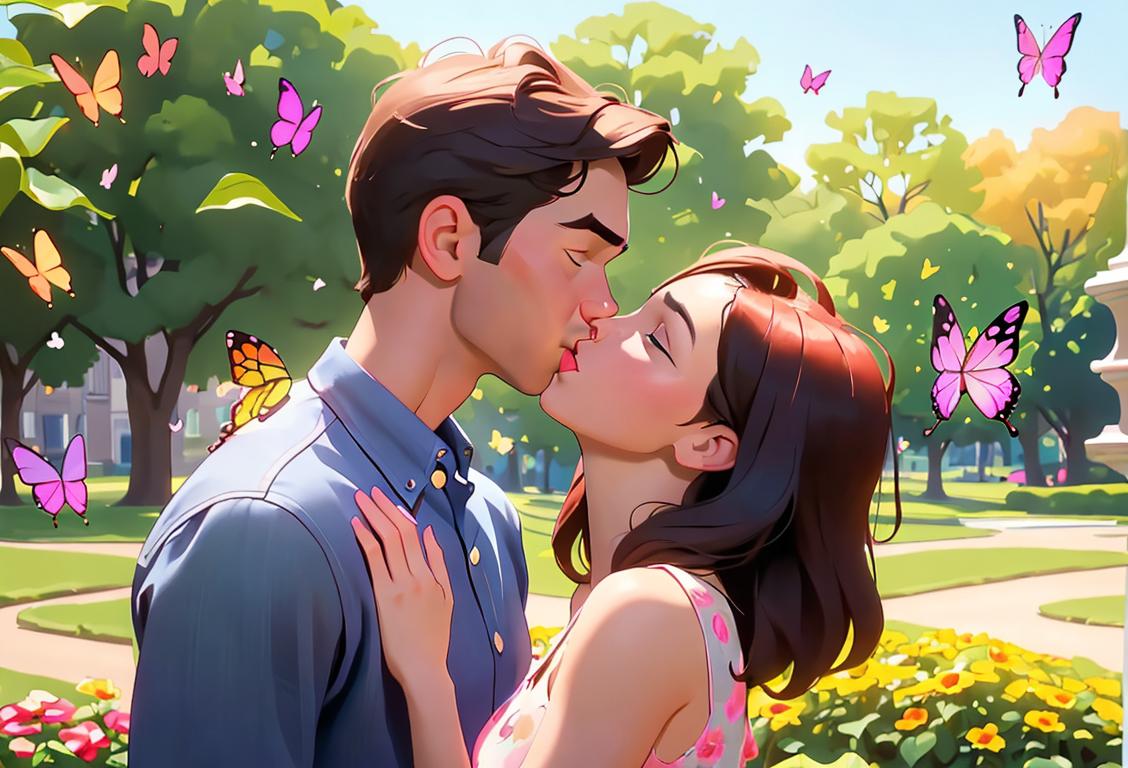 A couple sharing a loving and tender kiss in a beautiful park, surrounded by blooming flowers and colorful butterflies. The girl is wearing a flowy sundress, while the guy is wearing a trendy button-down shirt and jeans, embodying a modern romantic style. The scene captures the essence of National Kissing Day, celebrating the power of affection and the joy of expressing love through a simple kiss..