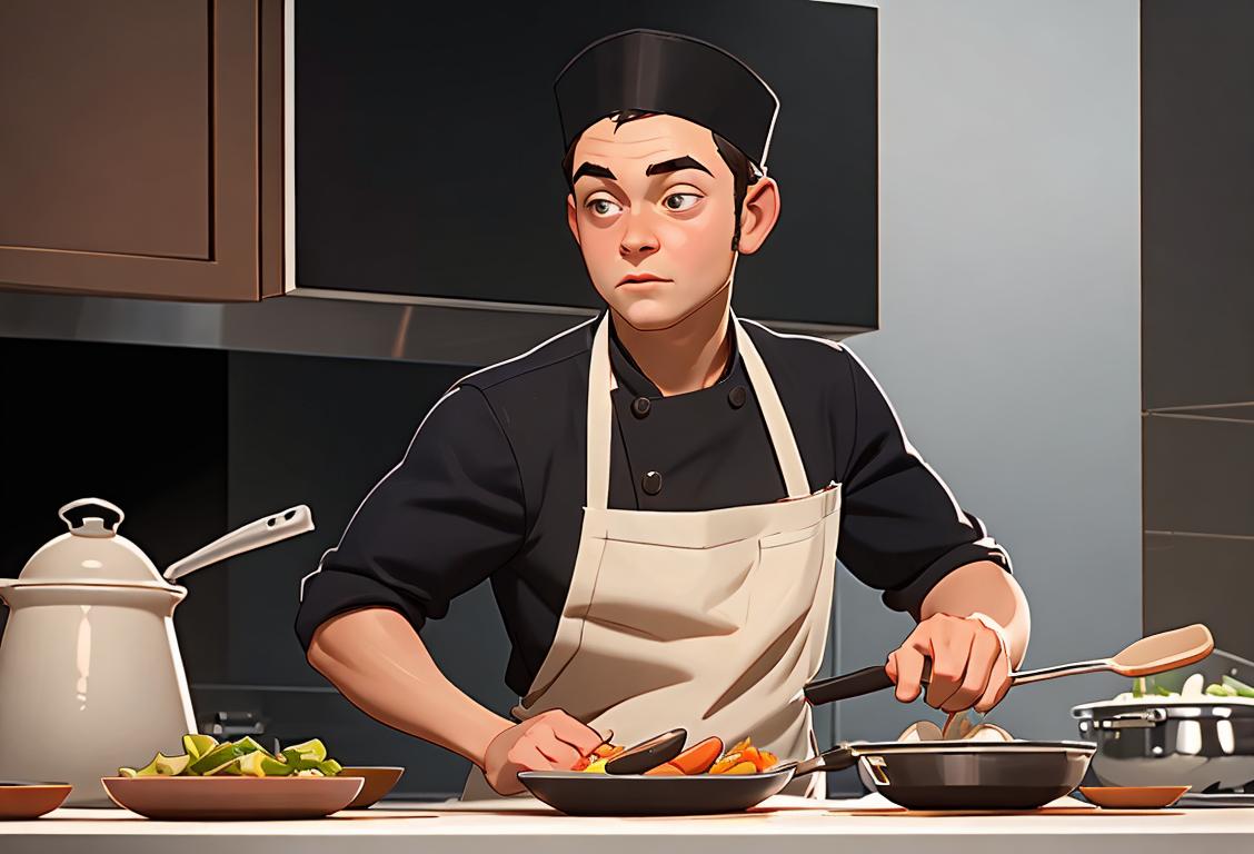 Young chef in full cooking gear, holding a spatula, wearing a chef's hat, surrounded by pots and pans..