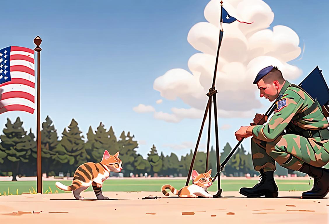 Brave National Guard soldier in uniform rescuing a cute kitten from a tall tree, surrounded by a patriotic American flag backdrop..