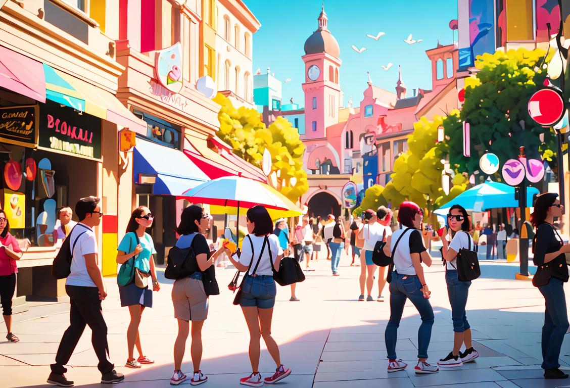 A group of diverse tourists exploring a vibrant city, capturing memorable moments with their cameras, dressed in stylish and comfortable travel attire..