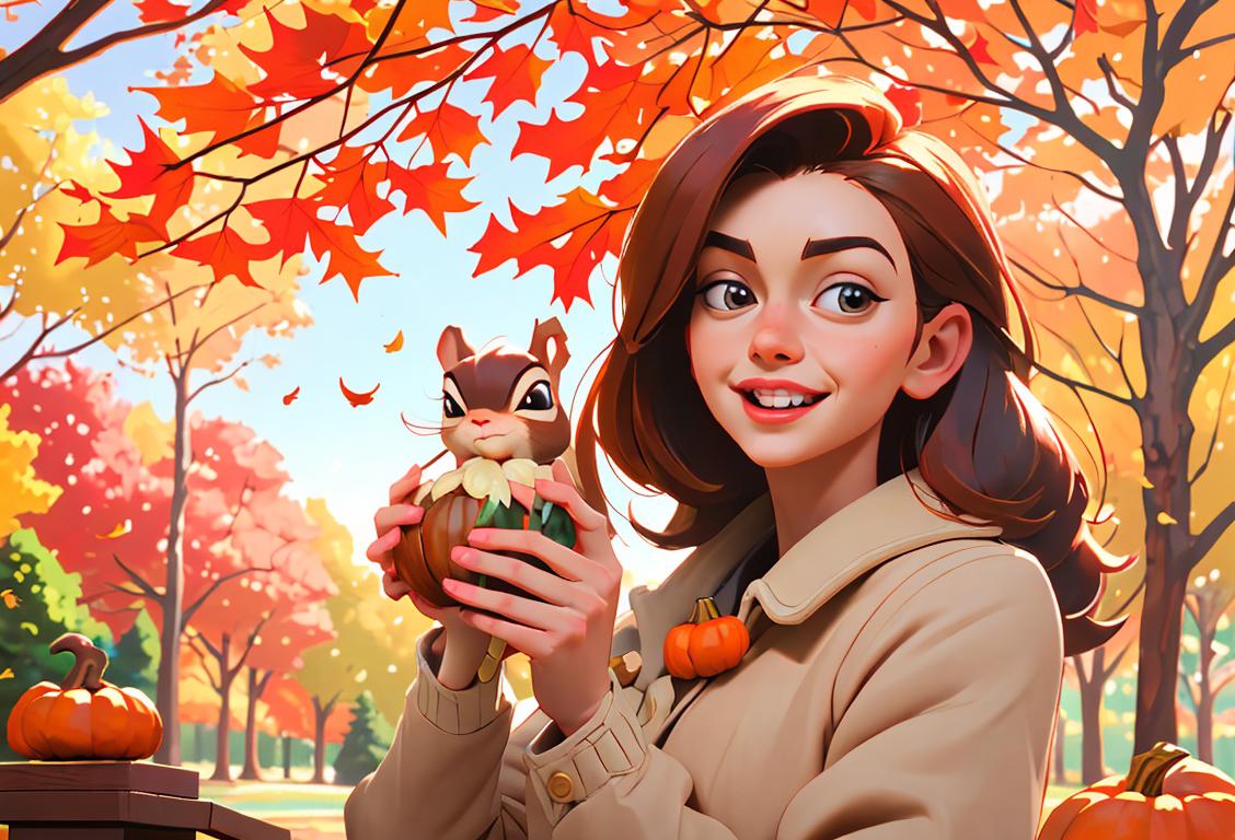 Young adult holding a nutcracker and surrounded by a joyful squirrel, wearing cozy fall fashion, colorful autumn park scene..
