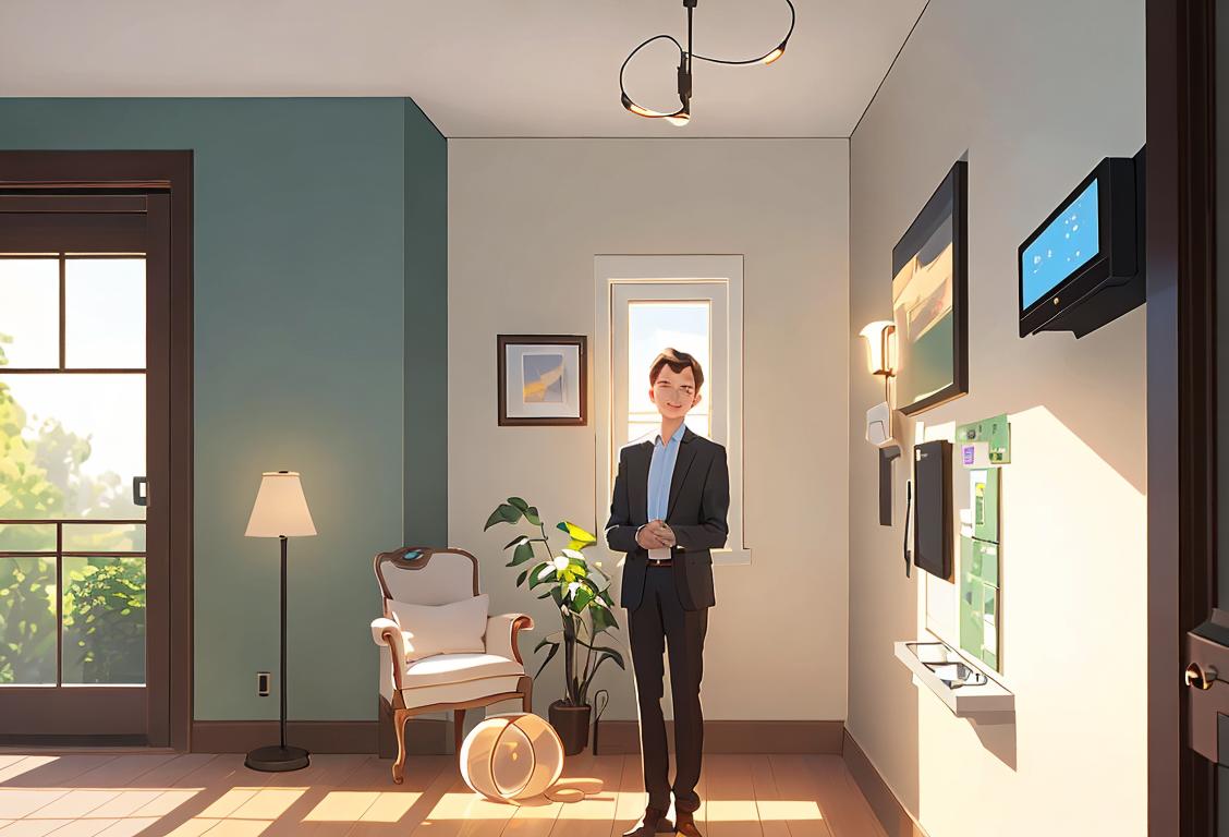 A person with neat, eco-friendly style, standing in front of a solar panel installation, surrounded by energy-saving devices like LED bulbs and a smart thermostat..