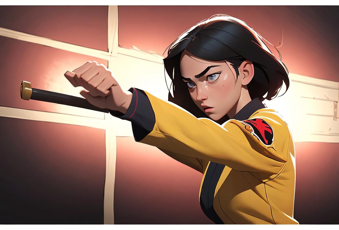 Young woman in a martial arts uniform, confidently demonstrating self-defense moves in a dojo, surrounded by motivational posters..