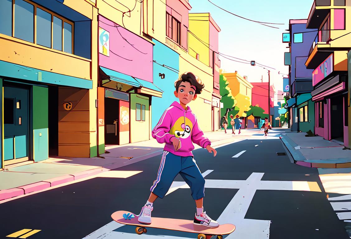 Young person wearing vibrant upb oos colors, 80s style clothing, skateboarding in an urban setting..