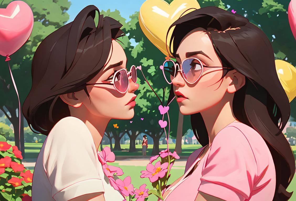 Young couple embracing in a park, wearing matching heart-shaped sunglasses, surrounded by blooming flowers and heart-shaped balloons..