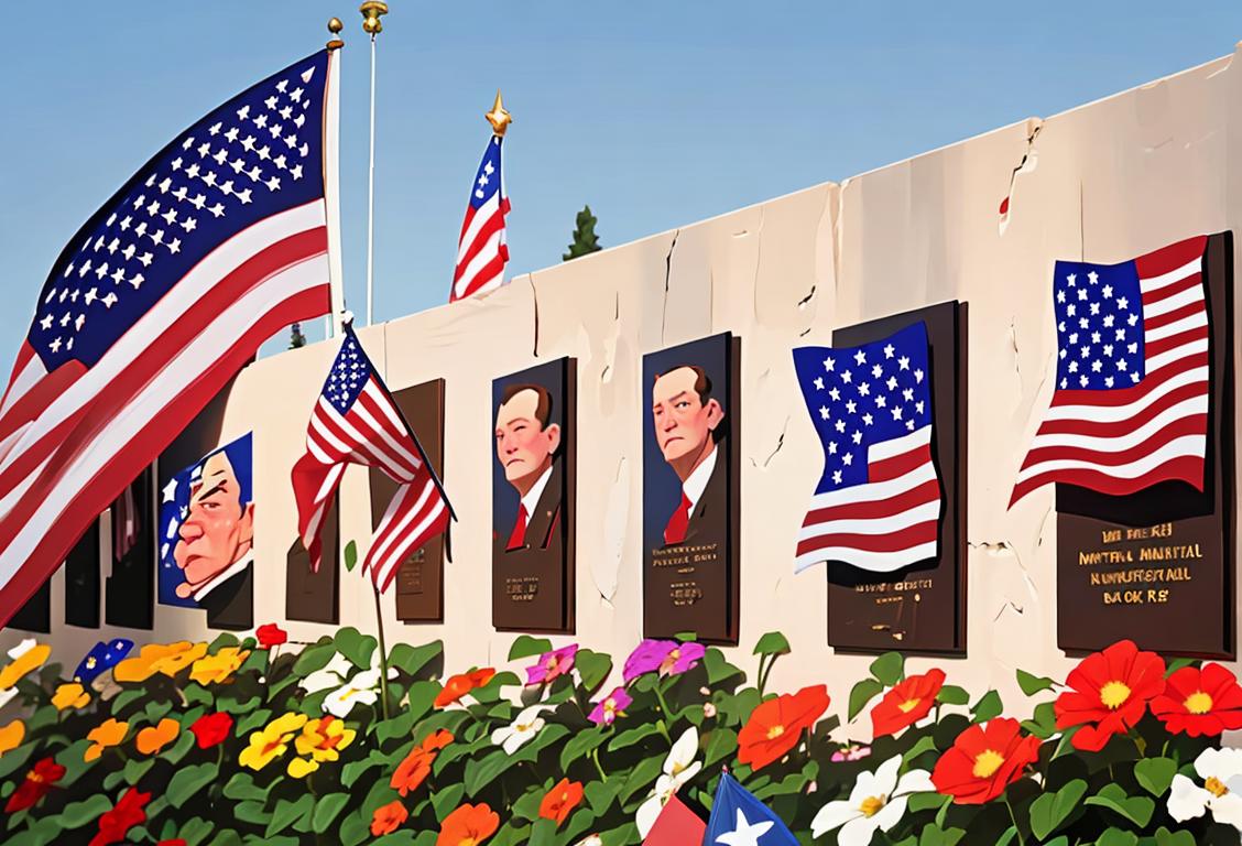 Group of diverse individuals wearing patriotic attire, holding American flags, and placing flowers on a memorial wall.