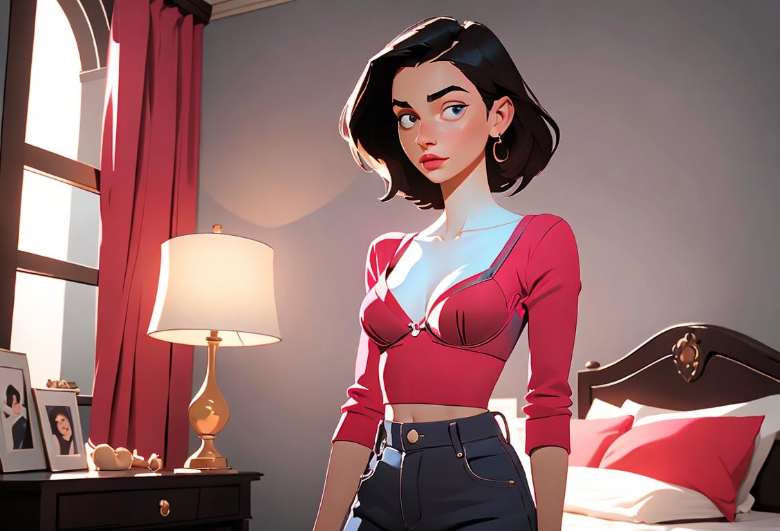 Young woman confidently wearing a bra, standing in front of a mirror, fashionably styled, with a cozy bedroom setting..