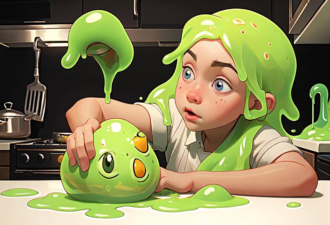 Young child surrounded by colorful slime, wearing a chef's hat, kitchen setting, slime-covered kitchen utensils..