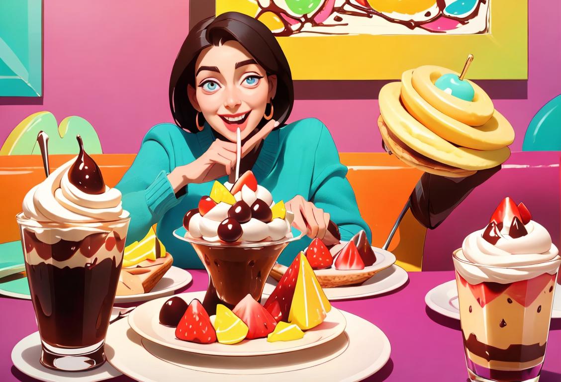 Happy people enjoying a variety of desserts, wearing colorful clothing, surrounded by a vibrant dessert buffet..
