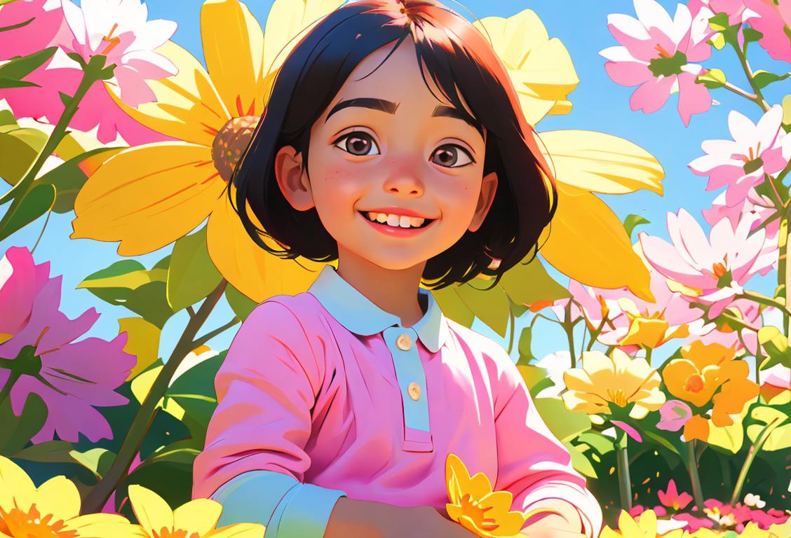 Young child with bright smile, wearing colorful clothes, surrounded by blooming flowers in a sunny park.