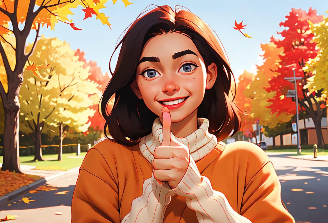 A young person smiling and giving a thumbs up, wearing a cozy sweater, autumn leaves in the background..
