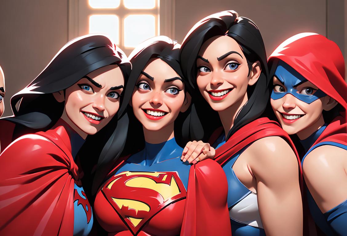 A group of diverse individuals wearing superhero capes donating blood with smiles, in a bright, cheerful donation center..