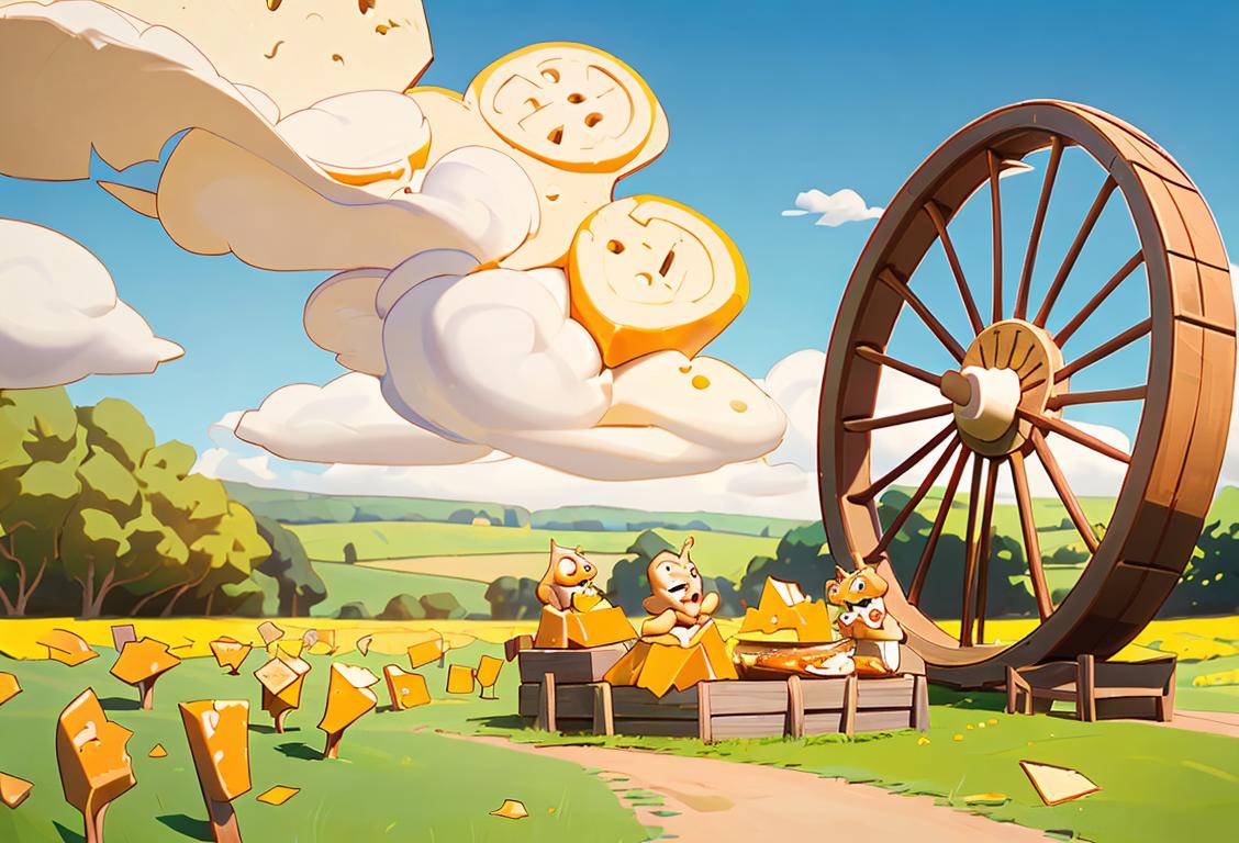 An enthusiastic group of people donning cheese costumes, posing in front of a giant cheddar wheel, picnic-style, surrounded by greenery and sunny skies..