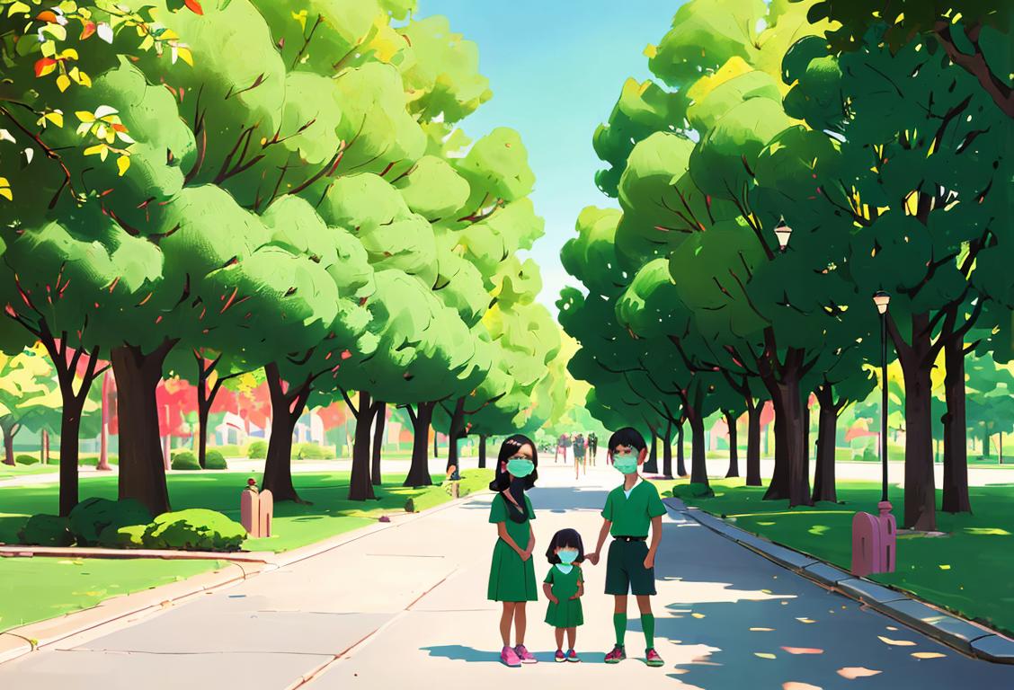 Young children wearing colorful masks, standing at a safe distance, in a park surrounded by green trees on National Health Commission announcement day..