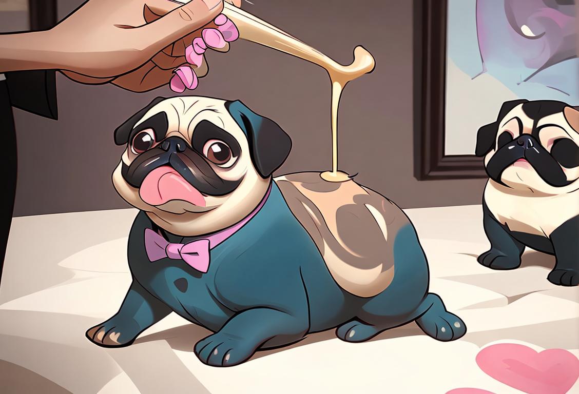 An adorable pug with a smooshed face wearing a fashionable bowtie, surrounded by a flurry of pug-themed art and photos, symbolizing the cuteness overload that is National Pug Day. The scene includes pug owners and admirers showering their love on social media, sharing pug memes, participating in pug meet-ups, and even dressing their pugs as hilarious characters like superheroes and mermaids. The image also incorporates the important message of promoting pug rescue and adoption, with a heartwarming scene of volunteers at a pug rescue organization caring for the lovable dogs..