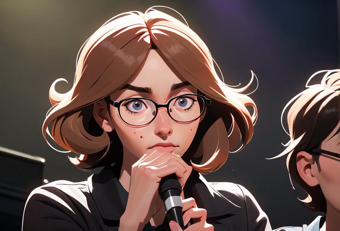 A shy person with tousled hair and glasses glancing at someone wearing a retro outfit at a lively concert venue..
