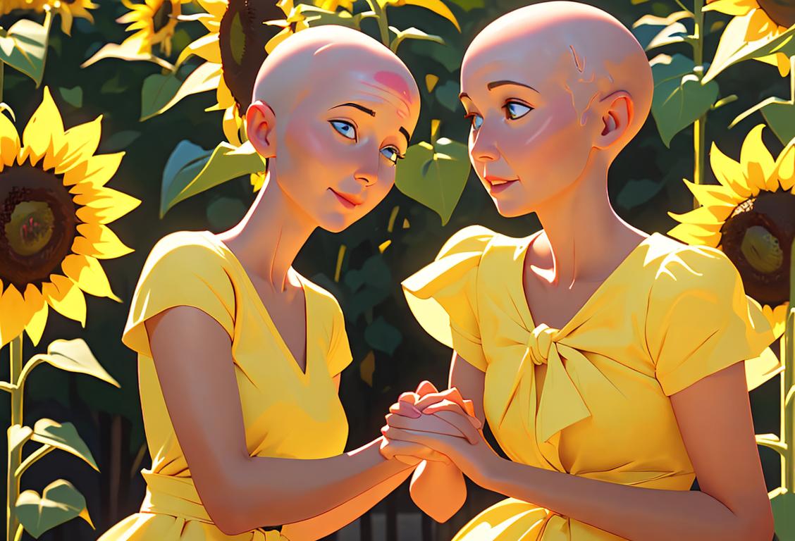 Young woman holding hands with a glioblastoma survivor, wearing a yellow ribbon, park setting with sunflowers in the background..
