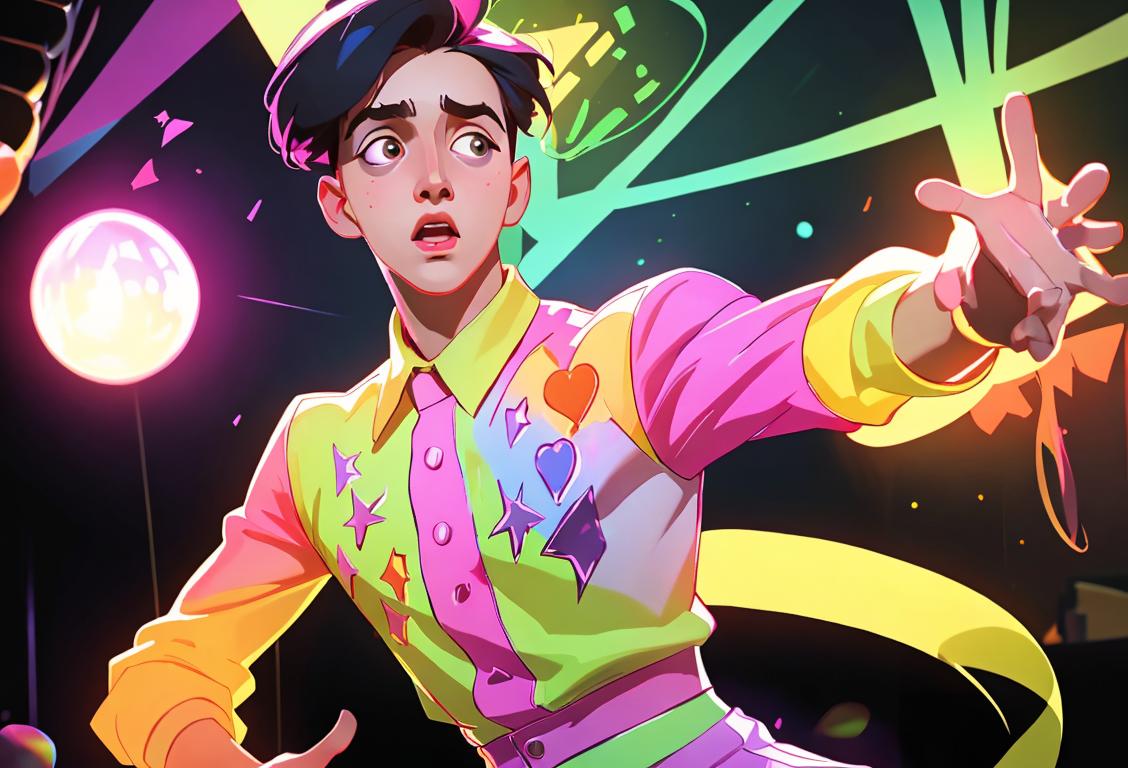 Young person doing an exuberant dance move, dressed in vibrant and trendy clothing, with a disco ball reflecting colorful lights..
