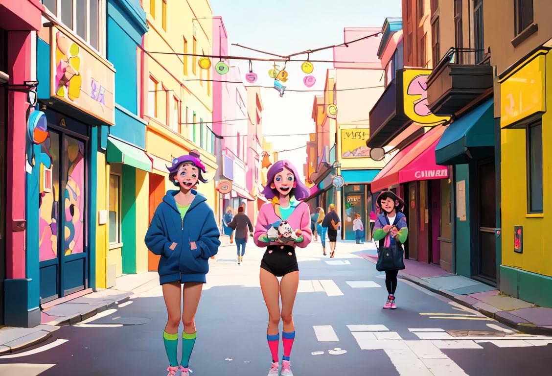 Young adults having fun, wearing colorful socks, exploring urban streets, with a touch of whimsical fashion and playful spirit..